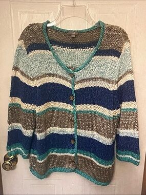 J. Jill Striped Knit Button-Front Cardigan - Navy, Teal, Cream & Brown